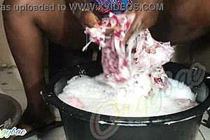 Housewife Does Weekend Laundry in Shaved Pussy