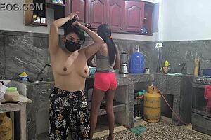 Horny housewives touch big tits and ass while preparing lunch 😏