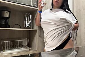 Wow, check out this juicy solo session in the hotel kitchen!