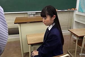 Petite Asian Teen Lured Into Creampie Sex by Old Ugly Teacher in Classroom