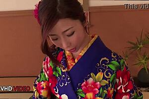 Ayumi Shinoda, a seductive Japanese MILF in kimono, pleasures with fingering, blowjob, and masturbation.