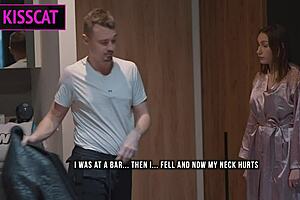 step son touches step mom's fake tits in shared bed, then she rides him cowgirl the next day