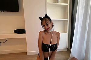 Sexy kitty says, 'I love sucking my owner's cock and tasting his milkshake.' She teases with sloppy blowjob and handjob