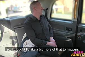 british milf brunette gives passenger rimjob and fingers ass in fake taxi