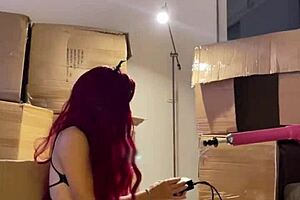 Red haired teen 18+ beauty strips in bathroom and prepares sex machine with dildo