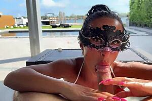 Oiled up blowjob by the pool with jerk off instructions.