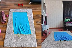 Wet and wild dual cam naked workout with curvy milf spreading during yoga session.