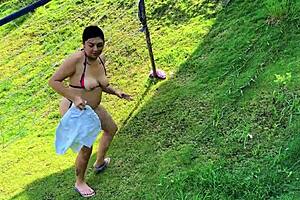 horny milf gives deepthroat blowjob to big black cock outdoors. latina young 18+ bends over for rough spooning pussy action.