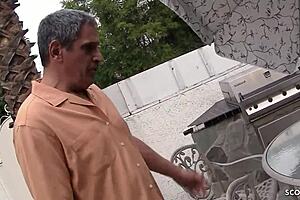 Mature wife seduces caught petite teen babysitter for ffm threesome.