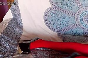 the milf with beautiful legs red pantyhose and black heels