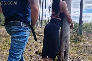 Handcuffed Milf Bound to Tree in Public Forest, Getting Fucked Hard