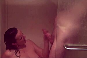 Horny Cougar Receives Facial Cumshot In Shower Bathroom.