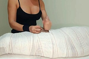 Part1 mummified handjob with big tits slave big cock oiled homemade pierced nipples halloween interruption of cum for two minutes.