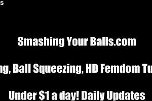 Two hot milfs brutally smash your balls in femdom humiliation