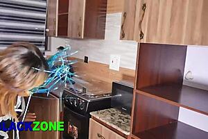 Stepmom tries cooking in the kitchen with her curvy ebony figure shining beautifully