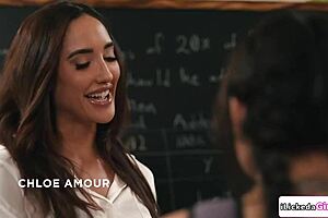 i'm the lesbian teacher in threesome with student and stepmom. hairy muff diving lick tits cunilingus kissing.