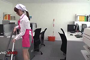 Asian office lady Chihiro Akino gives hardcore blowjob leading to creampie