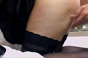 white slut in satin dress and stockings gets rimmed doggy style