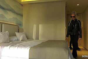 slim german wife with lots of tattoos talks about no condom fuck at hotel and lets him cum on small ass