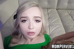 Stepmom asks, 'Want your stepdaughter too?' Blonde milf in 3some with big tits and handjob.