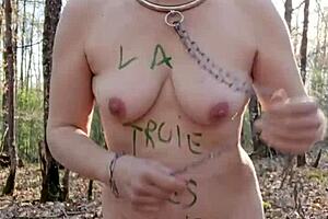 Bound milf whore bent over for outdoor humiliation