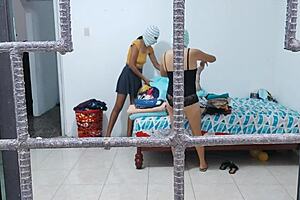 horny housewives touch each other's buttocks and tits while doing housework