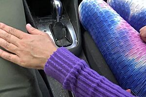 perverted stepmother subtly touches her stepson's big cock in the car