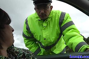 mature woman in skirt and boots gets caught masturbating and fucks patrol cop