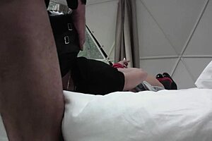 Laura in heels gets tied up for blowjob and deep anal