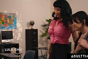 Closeted Lulu Chu's First 3-Way With Lesbian Teacher Chloe Amour And Milf Puck In Classroom