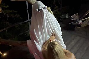 Big cock ghost fucks Karen Sleent outdoors with cum in mouth