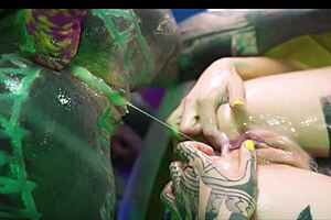 hey, three tattooed goth lesbians play with cum in anal gape session!