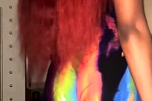 red hair ebony slim petite girl in dorm homemade scene, focusing on natural tits and close-ups