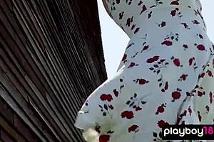 Big Boobed Blonde Canadian MILF Farmer Jenessa Dawn Poses Naked Outdoors in Striptease Undressing