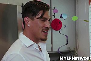 Liv's stepsons bet on touching her tits and ass for birthday, making her wet dream come true.