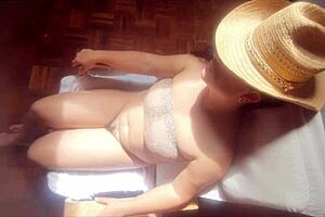 Stepson jerk off and cum on stepmoms face while she was resting in a chair