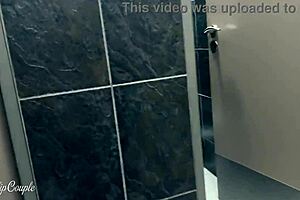 Cute Babe Gives Blowjob in Public Toilet After Handjob Under Table