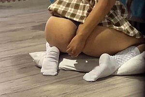 Perverted stepdad discovers stepdaughter masturbating ass after class.