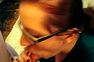 Football Sunday blowjob with my sexy redhead wife in lingerie, cum everywhere.