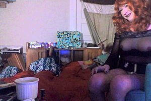 sexy red headed tranny ms head swallows her 8 vibrating dildo