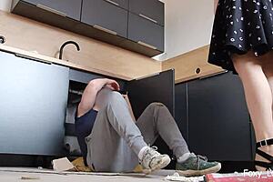 blonde wife cheats on husband with married plumber in kitchen for tight pussy fucking and cum on ass.