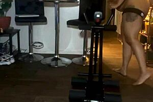 my personal trainer leads a naked workout session as the latina milf with big ass gets close up and sweaty with her ebony friend