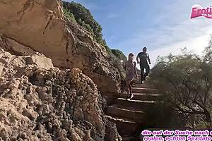 Deutsche dünne blonde milf gets intimate outdoors during vacation. She wears sneakers for a skinny petite public encounter in retro style.