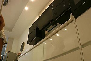 Wow, big boobs blonde housewife flashes no panties in kitchen!