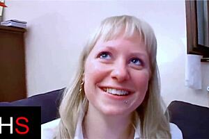 blonde milf with light eyes gets her ass fucked hard and ends with a cumshot on her belly