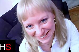 blonde milf with light eyes gets her ass fucked hard and ends with a cumshot on her belly