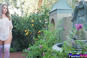 hey, check out this bombastic redhead milf bride bunny gaubert flashing her big natural boobs outdoors in stockings