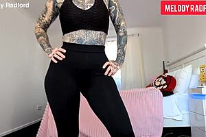 Big tits MILF Melody Radford shows ass in sheer leggings for amateur solo session.