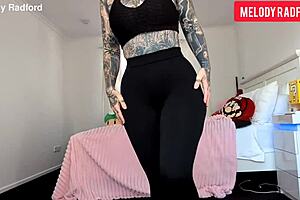 Big tits MILF Melody Radford shows ass in sheer leggings for amateur solo session.
