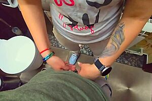 Stranger fills my panties with cum in a restaurant toilet close-up.